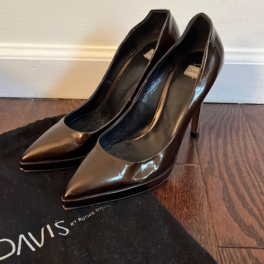 Ruthie Davis tall brown heels with bronze heel